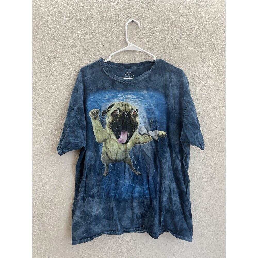 DOM T-Shirt Size XL Blue Tye-Dye Short Sleeve Fishing Pug Graphic Funny